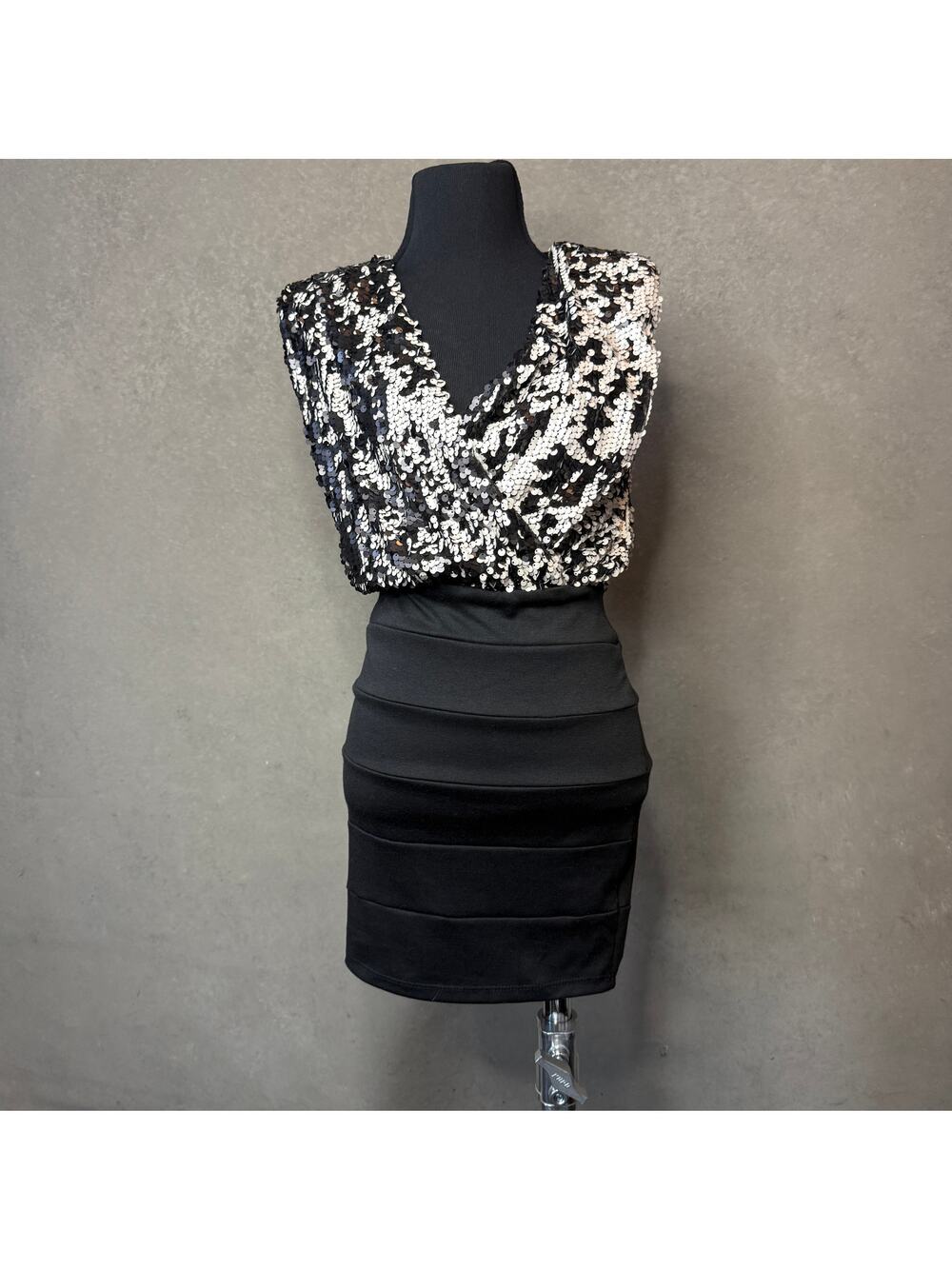 Frederick's of Hollywood Sequin Bandage Cocktail Mini Dress Black Silver S